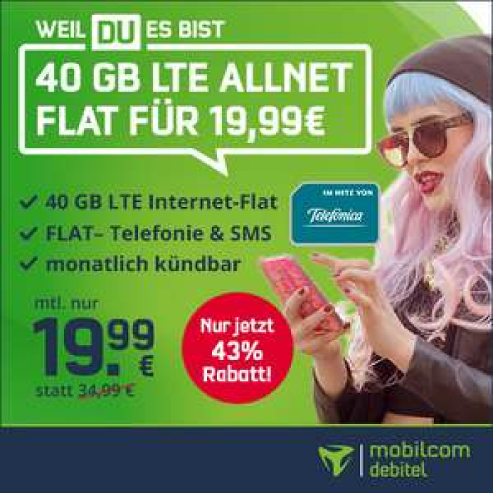 [mtl. kündbar] 40GB LTE (225 Mbit/s) Tarif von mobilcom-debitel für 19,99€ / Monat + 9,99€ AG (VoLTE, WLAN Call, Telefonica-Netz)