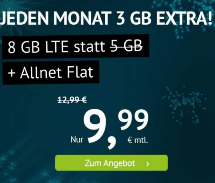 O2 AllNet- und SMS-Flat mit 8GB LTE  |  für 9,99€ mtl. (monatlich kündbar!) | bis zum 05.01