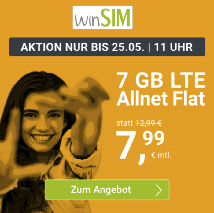 [befristet] winsim.de: 7GB LTE Allnet Flat ohne Vertragsbindung!