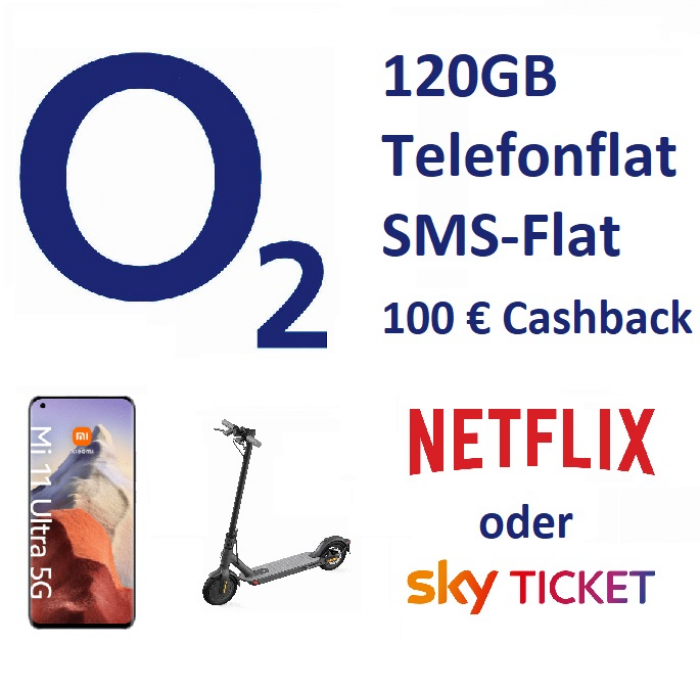 o2 Free L Boost (120GB, Telefon- & SMS Flat, eigene Festnetznummer) mit Xiaomi Mi 11 Ultra, Xiaomi Mi Scooter 1S + 1 Jahr Netflix oder Sky + 100 € Shoop