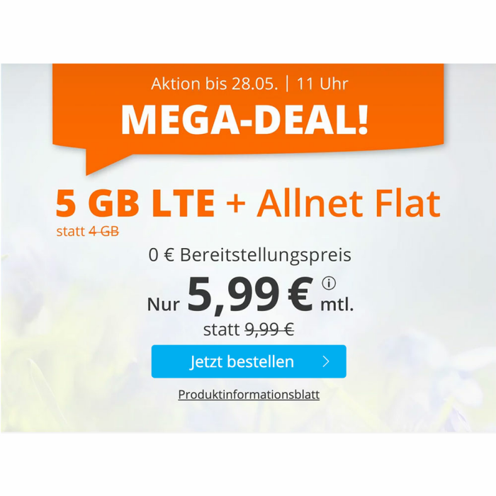 sim.de: 5GB LTE + Allnet Flat im o2 Netz (0€ Bereitstellungsgebühr)