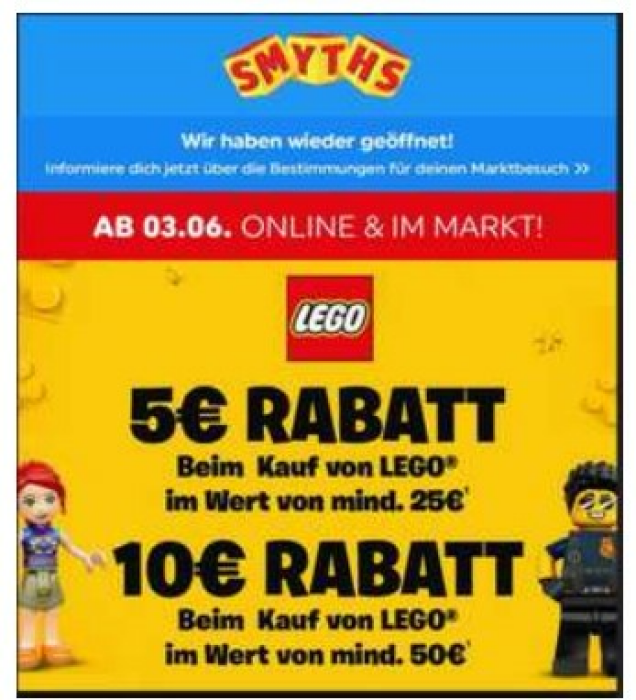 Lego 5€ Rabatt ab 25€ und 10€ ab 50€ auf ausgewählte Lego Artikel bei Smyths Toys