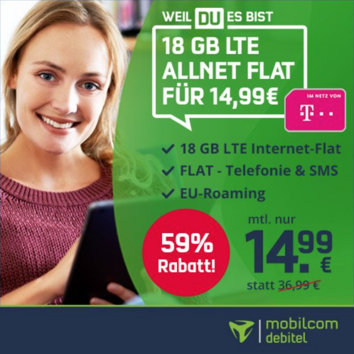 [Telekom Netz] Mobilcom Debitel - 18GB LTE, ALLNET u. SMS Flat