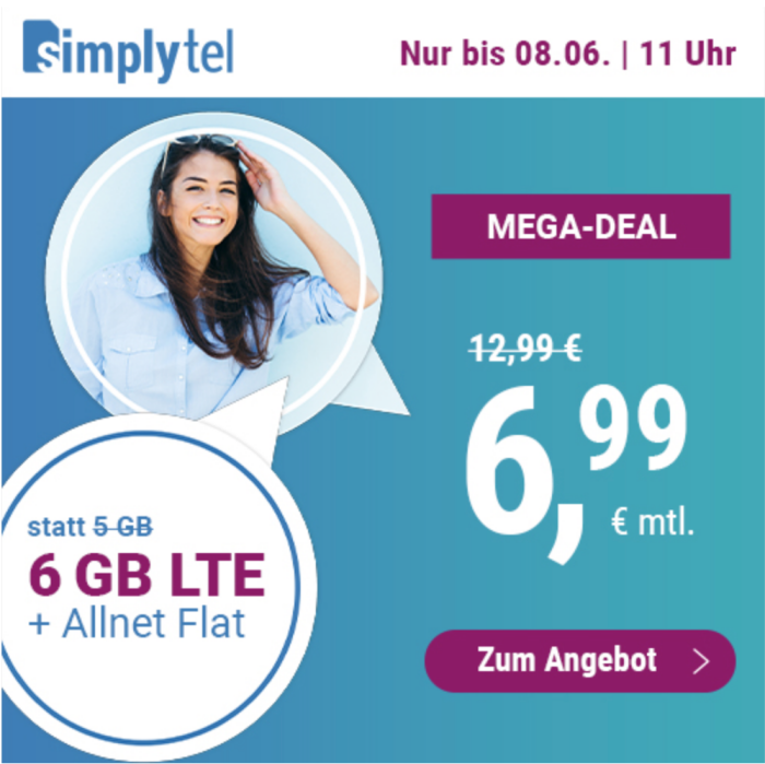 Simplytel: 6GB LTE und SMS + Telefon Flat