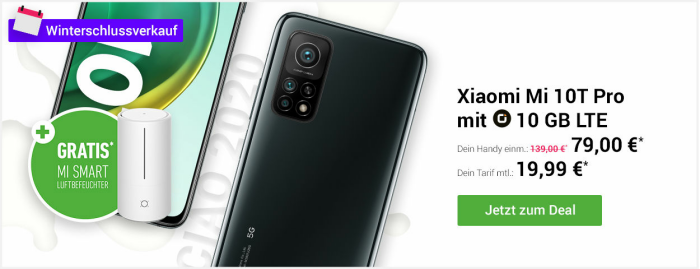 Schnapper bei DEINHANDY | Xiaomi Mi 10T Pro mit otelo-Vertrag | 128 GB für 19,95€ mtl GRATIS Mi Smart Antibacterial Humidifier