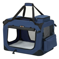 FEANDREA Hundebox faltbar, Transportbox Hund, Größe M, Hundetasche, Oxford-Gewebe, Netzstoff, atmungsaktiv, tragbar, transportabel, Metallrahmen, mit Griffen, Taschen, 60 x 42 x 42 cm, dunkelblau Dunkelblau L 60.00 x B 42.00 x H 42.00 cm