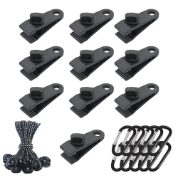 30 Stück Zeltplanen Clips Planenclips Zelt Clips Set Krokodil Mund Clip mit 10x Gummispanner Ball Bungee Schnur & 10x D-Form Karabiner für Camping, Outdoor und Zelte