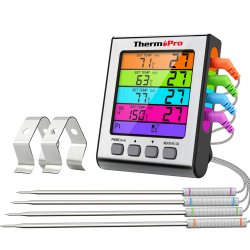ThermoPro TP17H Digitales Grill-Thermometer Bratenthermometer Fleischthermometer Ofenthermometer mit 4 Edelstahlsonden, Blaue Hinterbeleuchtung, Temperaturbereich bis 300°C 4 Sonden Silbrig