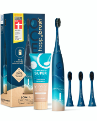 happybrush® Elektrische Schall-Zahnbürste Eco VIBE 3 Ocean - Nachhaltige Zahnbürste mit 6 Wochen Power-Akku inkl. 3 Aufsteckbürsten und Zahnpasta - Blau 3 stück (1er Pack)