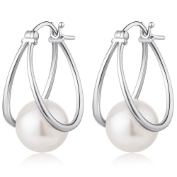 jiamiaoi 18 Karat Weißgold plattiert Perlenohrringe Silber 925 Hängend Perlen Ohrringe Damen Perlen Ohrhänger Silber Hängende Perlenohrringe Creolen mit Perle 10mm Silber Ohrringe Perle C1-Silver