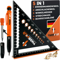 5-in-1 Zimmermannswinkel Winkelmesser Anschlagwinkel - Inkl. Tieflochmarker - Aluminiumwinkel mit 180 mm Schenkellänge zum präzisen Anreißen & Zeichnen/Multifunktional Perfekt um Zeit zu sparen