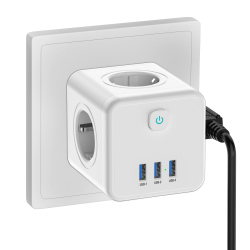 Steckdosenwürfel mit USB,4 Fach Mehrfachsteckdose Steckdosenadapter (16A/4000W), Mehrfachstecker ohne Kabel mit 3 USB (5V/3.4A), 7-in-1Mehrfachsteckdose mit Schalter für Büro, Zuhause, Reisen Weiß-4 Fach mit 3 USB