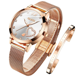 OLEVS Damenuhr Roségold mit Herz Diamant Schwarz Weiße Gesicht Quarz Armbanduhr Wasserdicht Gürtel Armreif Set