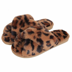 Fadezar Hausschuhe Damen Winter Plüsch Pantoffeln Warme rutschfeste Flache Flip Flop Bequeme Flauschige Hausschuhe für Damen 39/40 EU Braun Leopard