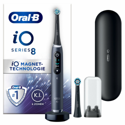 Oral-B iO Series 8 Elektrische Zahnbürste/Electric Toothbrush, 2 Aufsteckbürsten, 6 Putzmodi für Zahnpflege, Magnet-Technologie, Farbdisplay & Reiseetui, Designed by Braun, black onyx