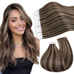 Ugeat Extensions Tape Klebestreifen Haare 45cm 20Stücke Tape Extensions Echthaar Unsichtbar Klebeband Tape Extensions 50Gramm P4/27 Dunkelbraun Highlight Karamell Extension Tape Remy Haar 45 cm #P4/27