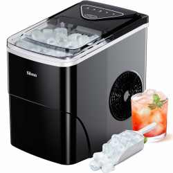 Silonn Eiswürfelmaschine, 9 Würfel in 6 Minuten fertig, 11.8 KG in 24 Stunden, selbstreinigende Eismaschine mit Eisschaufel und Korb, 2 Größen von Bullet Ice für Küche, Büro, Bar und Party Schwarz Kapazität 2.0L - 11.8KG/24H