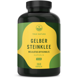Steinklee Kapseln - 360 Stück - 1000 mg Tagesdosis - Herkunft: EU - Echter gelber Melilotus Officinalis - Deutsche Produktion, Hochdosiert, Ohne Zusätze - TRUE NATURE® gelber Steinklee