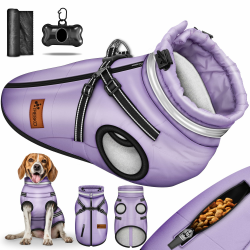 TRESKO® Hundejacke Winter mit Reflektoren inkl. 15 Stück Kotbeutel + Spender | Hunderegenmantel wasserdicht | Hundemantel inkl. Geschirr | Hunde Winterweste gefüttert (S, Lila) S Lila