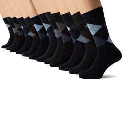 FM London (12er-Pack) Smart Mens Socken | Atmungsaktive einfarbige, gemusterte und schwarze Socken Herren | Baumwollsocken Herren Geeignet für Arbeits- und Freizeitkleidung Einheitsgröße Schwarz (Argyle)