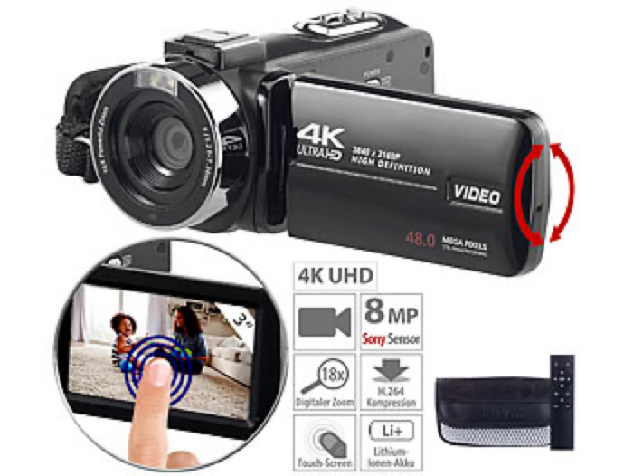 4K-UHD-Camcorder mit Sony-Sensor, Touch-Display, HD mit 120 B./Sek.