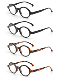 JM Satz von 4 Runden Lesebrille Federscharnier Leser Damen Herren Brillen für Lesen Blue Light (2 Black & 2 Tortoise) 3.5 x