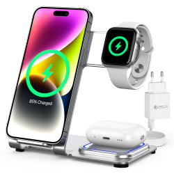 Kabelloses Ladegerät, 3 in 1 Induktive Ladestation, Wireless Charger Kompatibel mit i/Phone 14/13/12/11/XS/XR/X/8P, i/Watch, a/irpods 2/3pro und kabelloses Fähige Handy Silver White