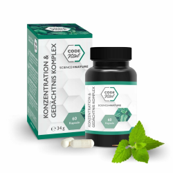 CODE VITAL® Konzentrations- & Gedächtnis Komplex I 60 natürliche Kapseln für Gedächtnisleistung, Konzentration & Focus I Gedächtnis Kapseln mit Vitaminen I B-Vitamine für das Gedächtnis
