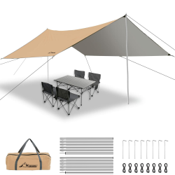WADEO Camping Zeltplane Wasserdicht Anti-UV, 3 x 4 m Camping Zelt Plane Regenfliege mit Stangen+Erdnägeln+Seilen, Camping Tent Tarp Ultraleicht, Ideal für Camping Wandern Picknick im Freien 3m X 4m, Khaki