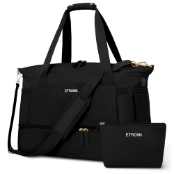 Turnbeutel für Damen, Sport Travel Duffel Bag mit USB-Ladeanschluss, Weekender Overnight Bag mit Nassfach und Schuhfach für Frauen Reisen, Fitnessstudio, Yoga (Schwarz) Keine Stickerei Schwarz