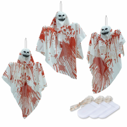 NEXVIN Halloween Deko Outdoor, 3 Stück Niedliche Halloween Hängende Geister mit 10 Rot LED Lichtern, Halloween Fliegende Geister für Baum Garten Patio Rasen Wand Party Halloween Hängende Dekorationen