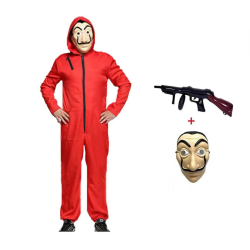 Anxicer Halloween Kostüm Bankräuber Overall für Karneval Dieb Kostüm Overall Rot Langarm Strampler mit Kapuze,Cosplay Set Maske Und Maschinengewehr Fasching Kostüm Adult-xxl--185-190
