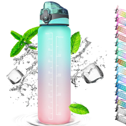 Auckpure Trinkflasche mit Strohhalm 1L, Wasserflasche mit Zeitmarkierungen, Wasserflasche Frei BPA, 1 Klick Öffnen in Water Bottle, Sportflasche, Fahrradflasche Grün Rosa