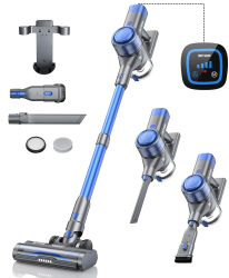 BuTure Akku Staubsauger 450W/33000pa,Staubsauger Kabellos bis zu 55 Min. Laufzeit,Kabelloser Staubsauger mit Automatikmodus,Wandmontierte Ladestation,Touchscreen,Anti-Tangle-Bodenbürste L Blau
