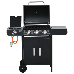 Outsunny Gasgrill BBQ Grillwagen mit 3 Brennern 1 Seitenbrenner Druckminderer Schläuche Schrank Multifunktion Stahl Schwarz 110 x 50 x 100 cm 110L x 50B x 100H cm
