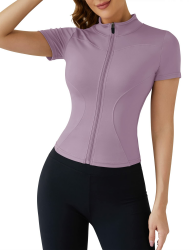 IECCP T-Shirt Damen Gym Top Sport Oberteil Yoga Langarm Crop Top Sportshirt Leicht Fitness Oberteil mit Halbem Reißverschluss und Daumenloch XS C-helles Lila
