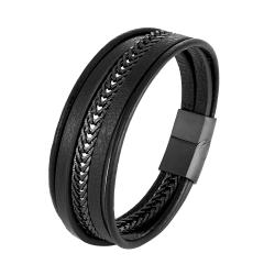 PiercingJak Herren Breit Armband geflochten Lederarmband für Männer Echtleder Wickelarmband Biker Charm Armschmuck Geburtstag Geschenke Mann, Schwarz