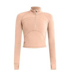 IECCP T-Shirt Damen Gym Top Sport Oberteil Yoga Langarm Crop Top Sportshirt Leicht Fitness Oberteil mit Halbem Reißverschluss und Daumenloch XS Flesh Pink