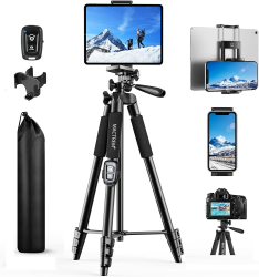 Handy Stativ, 2023 Upgrade 165cm / 65" Kamera Stativ für Smartphone iPad, 360° Drehung Tragbar Tripod mit Fernauslöser Kompatibel für Tablet, Alle Handy, iPhone, Samsung, Camera, Gopro A-Schwarz