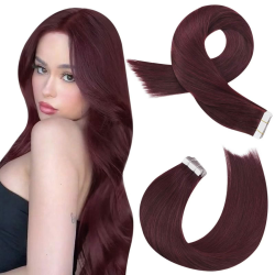 Moresoo Tape Extensions Echthaar Rotwein Haarverlängerung Echthaar Extensions Tape 35 cm #99J Weinrot Seamless Tape in Extensions Echttaar Skin Weft Unsichtbare Extensions Echthaar Tape 20pcs 40g