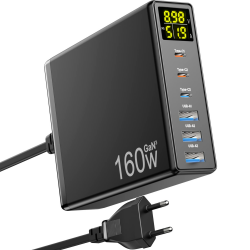 USB C Ladegerät, 160W GaN 6-Port USB Schnellladegerät mit LED-Anzeige, USB C Netzteil mit 3 USB-C und 3 USB-A Mehrfach USB Ladestation PPS PD 3.0 Charger für MacBook Pro Laptop iPh0ne iPad Samsung Schwarz
