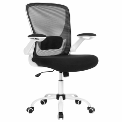 SONGMICS Bürostuhl, Schreibtischstuhl, Drehstuhl mit Netzbespannung, ergonomisch, gepolsterte Lendenstütze, Wippfunktion, 53 cm große Sitzfläche, klappbare Armlehnen, schwarz-weiß OBN37WT Schwarz + Weiß