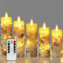 Da by LED Kerzen, Birkenrinde, mit eingebetteter Lichterkette, Kerzen-Set, 5 Stück, elfenbeinfarben, Echtwachs, Stumpenkerzen mit tanzender LED-Flamme, 10 Tasten Fernbedienung (ohne Batterie) HS#5*1