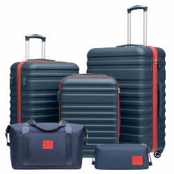 COOLIFE Koffer Trolley Koffer Reisekoffer von ABS Hartschalen Trolley 4 Rollen TSA-Schloss Der Koffer Enthält 1 Reisetasche und 1 Kulturbeutel Blau/Rot Koffer-Set 5tlg