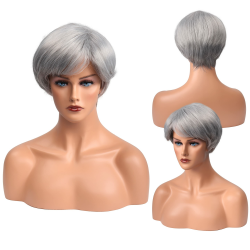 MEIRIYFA Kurze Silbergraue Pixie-Schnitt-Perücke mit Pony für Frauen, kurz, glatt, geschichtet, Pixie-Cut-Perücken Kunsthaar-Perücken
