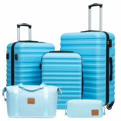 COOLIFE Koffer Trolley Koffer Reisekoffer von ABS Hartschalen Trolley 4 Rollen TSA-Schloss Der Koffer Enthält 1 Reisetasche und 1 Kulturbeutel Himmelblau Koffer-Set 5tlg