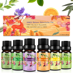 Ätherische Öle für Diffuser,Duftöl für Aromatherapie Diffusor,100% Rein Naturrein Aroma Diffuser Öl Set 6X10 ml - Orange, Lavendel, Teebaum, Zitrone, Eukalyptus und Pfefferminze Orange 10 ml (6er Pack)