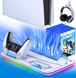 ALEEMTRY PS5 Ständer, PS5 Standfuß mit 3-Stufig Lüfter/Controller Ladestation/RGB Licht/6 Spiele Aufbewahrung, Ständer für PS5 Disc und Digital Edition Konsole