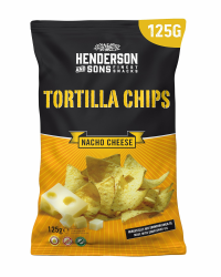 HENDERSON AND SONS Tortilla Chips Nacho Cheese - 1 x 125 Gramm Beutel - Mais Tortillas mit Käsegeschmack - Perfekter Snack für Sportabende wie American Football oder Fußball