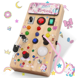 Unicorn Montessori Busy Board ab 1 Jahr Montessori Spielzeug mit 8 LED Lichtschalterspielzeug Activity Board Holzspielzeug Motorikspielzeug Sensorisches Lernspielzeug fĂŒr Babys